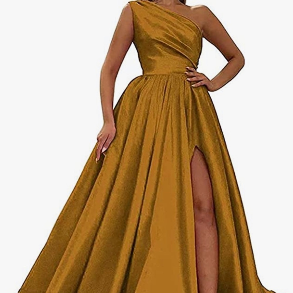 Ballgown with lace up corset back and high slit; true to sz & quality material